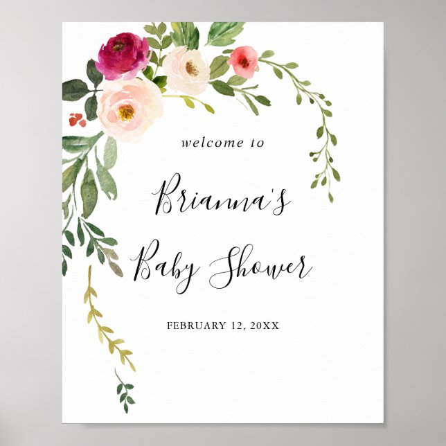 Póster Greenery Pink Rubor Baby Shower Welcome Poster (Frente)