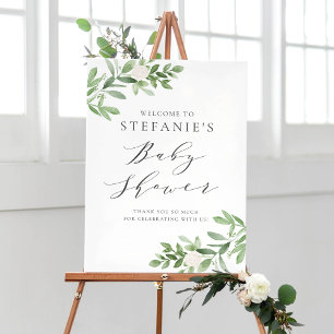 Póster Greenery White Flowers Gray Baby Shower Welcome