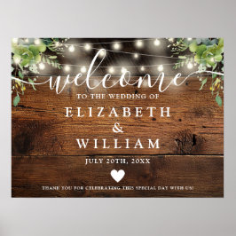 Póster Greenery Wood String Lights Wedding Welcome Sign