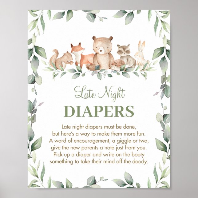 Póster Greenery Woodland Animals Rótulo de pañales noctur (Frente)