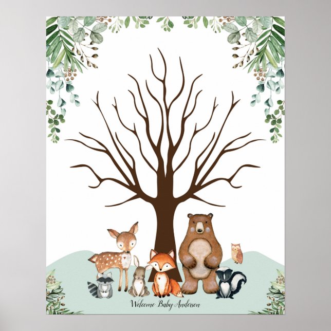 Póster Greenery Woodland Thumbprint Tree Guestbook Sign (Frente)