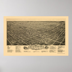 Póster Greensboro, mapa panorámico del NC - 1891