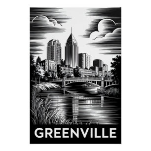 Póster Greenville Carolina del Sur Negro Blanco Grabado e