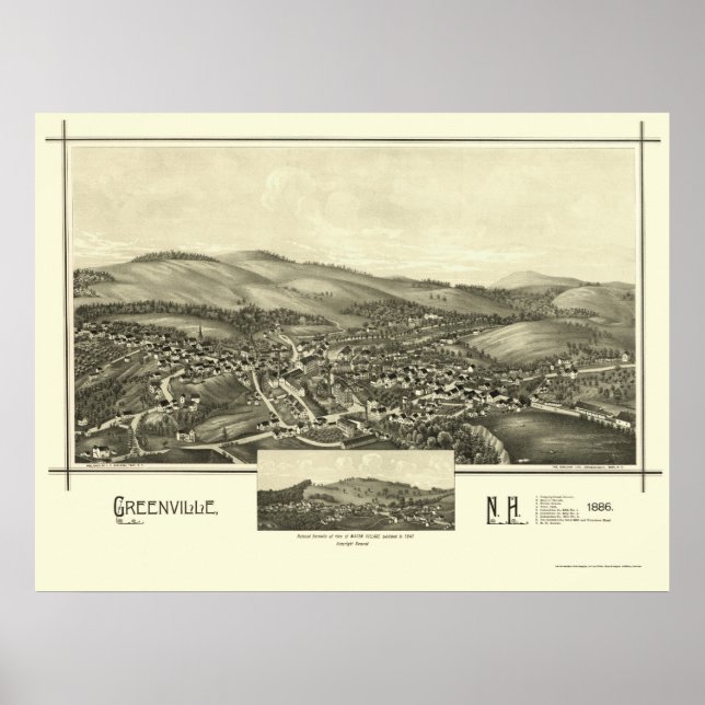 Póster Greenville, Mapa Panorámico de NH - 1886 (Frente)