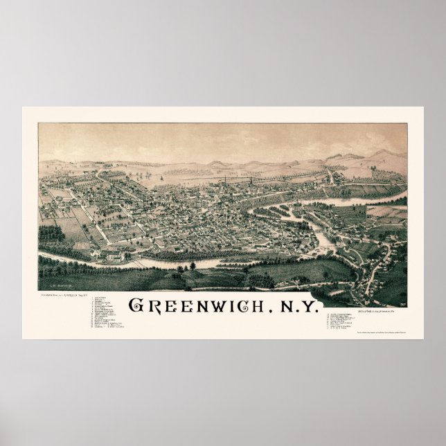 Póster Greenwich, Mapa Panorámico de Nueva York - 1885 (Frente)