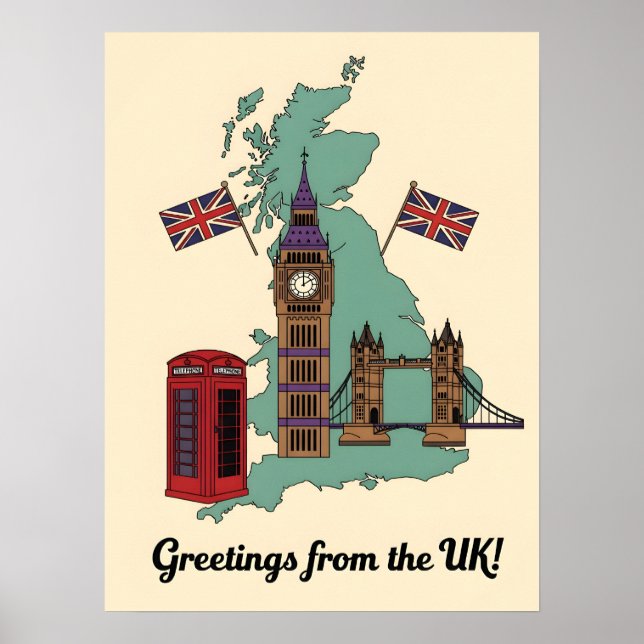 Póster Greetings from the UK British Landmarks Travel (Frente)