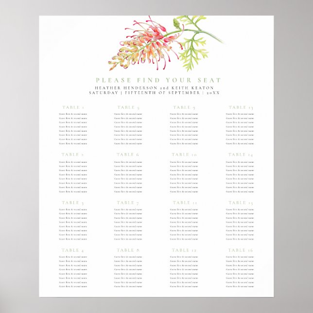 Póster Grevillea floral green wedding 16 tables plan (Frente)