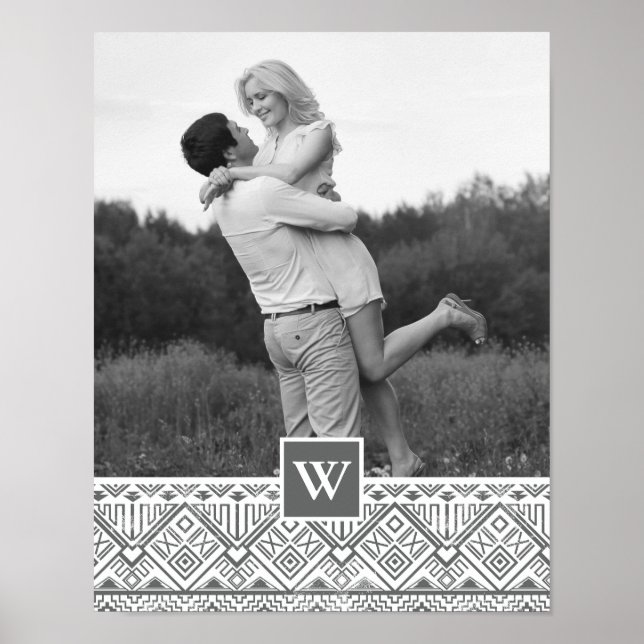 Póster Grey Aztec Pattern | Photo with Monogram (Frente)