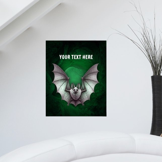 Póster Grey Bat Wings Spread Spooky Green Cave Black (Eerie flying grey bat glowing green black caves with trees on artwork poster.)