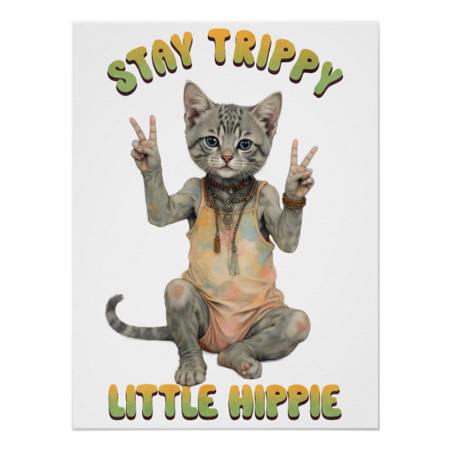 Póster Grey Tabby Cat Boho Stay Trippy Little Hippie  (Anverso)