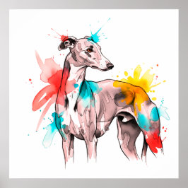 Póster Greyhound acuarela con acentos de salpicaduras de