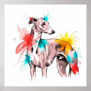 Póster Greyhound acuarela con acentos de salpicaduras de