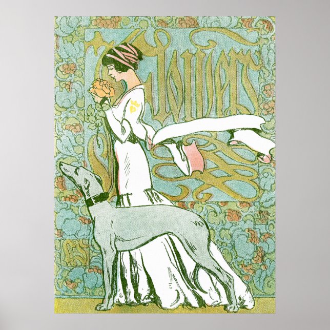 Póster Greyhound de Art Nouveau y Lady con flores (Frente)