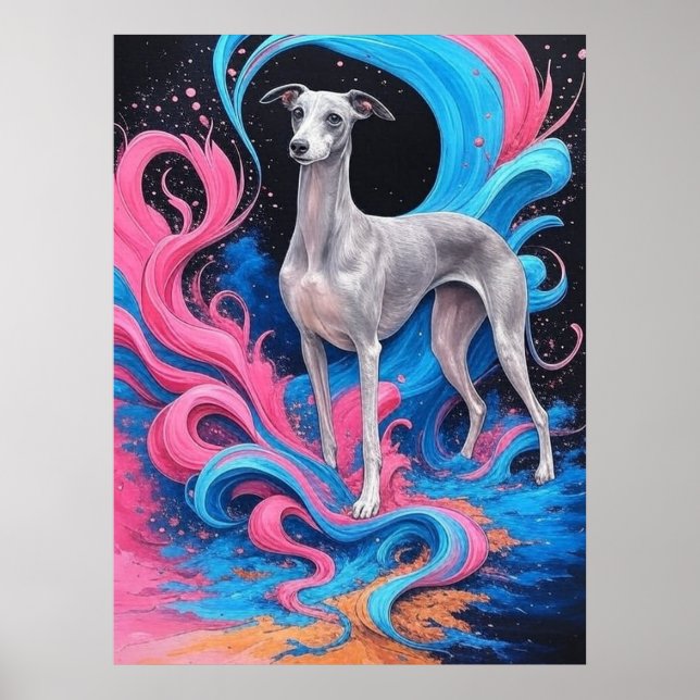 Póster  Greyhound Drawing w Water Splash Color Background (Frente)