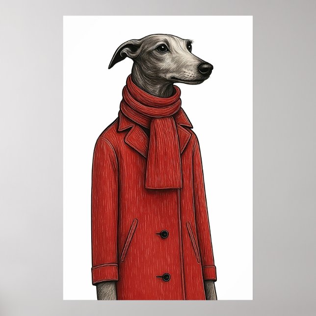 Póster Greyhound in Winter Coat, Stylized Drawing (Frente)