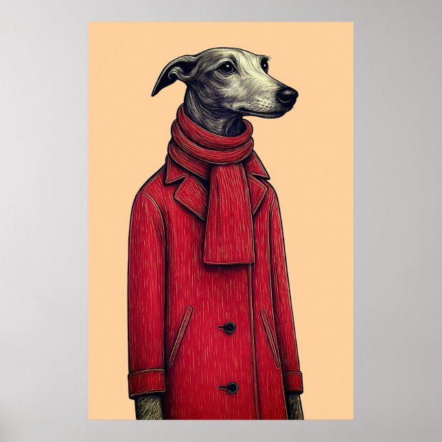 Póster Greyhound in Winter Red Coat, Stylized Drawing (Frente)