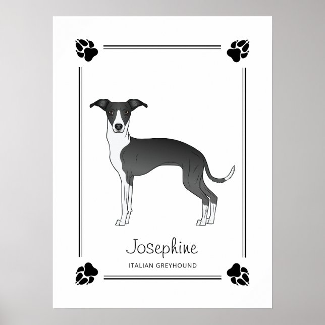 Póster Greyhound Italiano Blanco Y Negro Con Paws Y Texto (Frente)