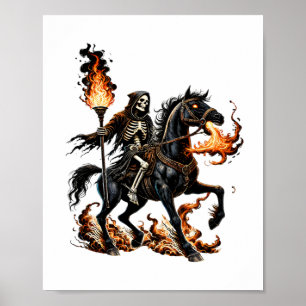 Póster Grim Reaper Skeleton Riding Horse Flames