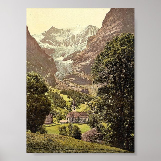 Póster Grindelwald, iglesia y montaña Eiger, Ob de Bernes (Frente)