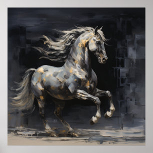 Póster Gris abstracto elegante con caballo barroco dorado