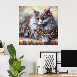 Póster Gris de pelo largo Nebelung Cat Kitty con joyas