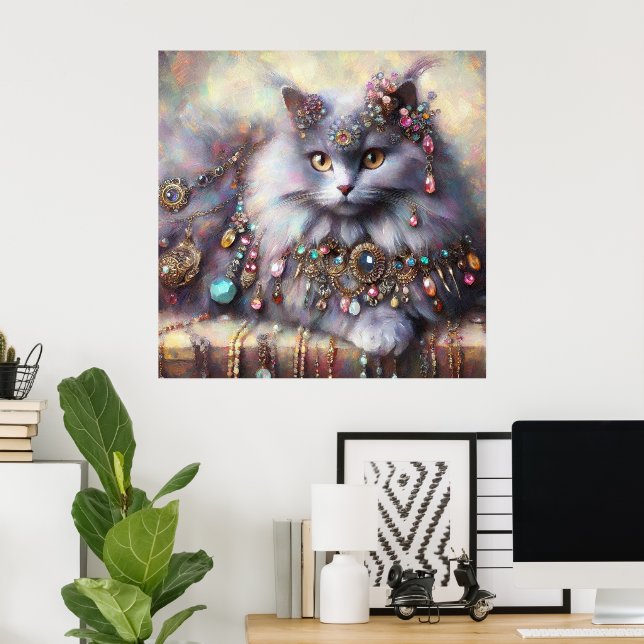 Póster Gris de pelo largo Nebelung Cat Kitty con joyas (Oficina en casa)