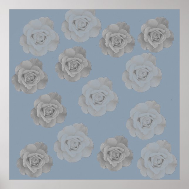 Póster Gris Gris Floral Azul Gris Oscuro Elegante Clásico (Frente)