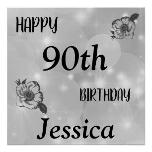 Póster Gris gris plateado Feliz cumpleaños 90