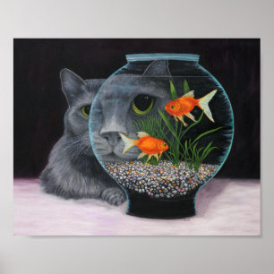 Póster Gris Long Haired Cat and Fishbowl