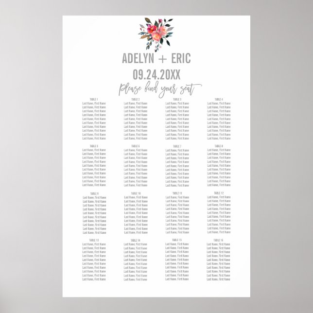 Póster Gris moderno | Tabla de asientos para Bodas de flo (Frente)