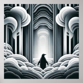 Póster Gris Monocromático Lovey Baby Pingüino Art Deco