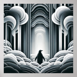 Póster Gris Monocromático Lovey Baby Pingüino Art Deco