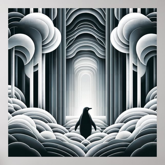 Póster Gris Monocromático Lovey Baby Pingüino Art Deco (Frente)