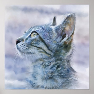 Póster Gris Tabby Kitten Profile Watercolor Style Art