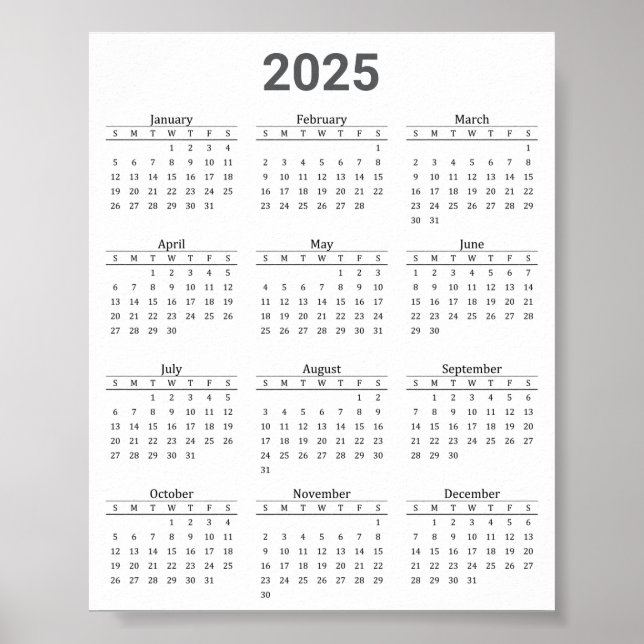 Póster Gris y Blanco 2025 Año a un vistazo calendario (Frente)