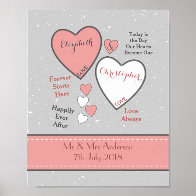 Póster Gris y coral con corazones Boda (Frente)