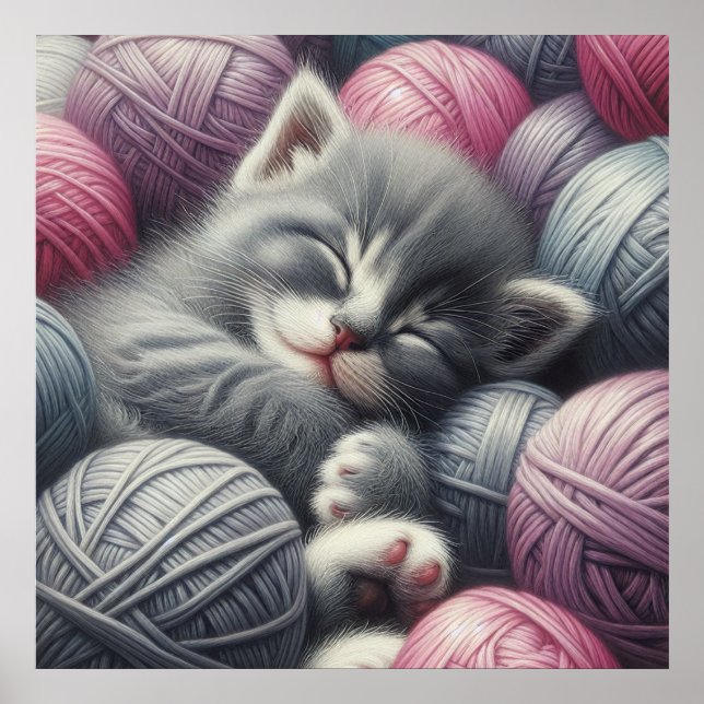 Póster Gris y gatitos blancos aplastando en yarn (Frente)
