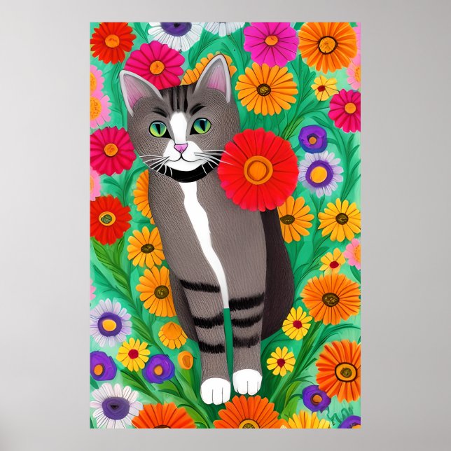Póster Gris y gatos blancos singulares y flor roja (Frente)