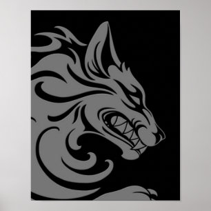 Póster Gris y lobo tribal negro agresivos