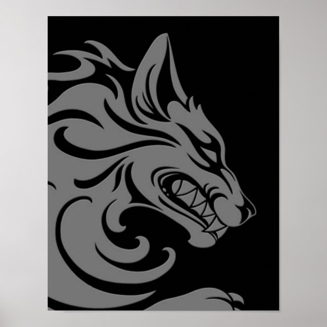 Póster Gris y lobo tribal negro agresivos (Frente)