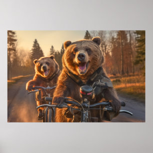 Póster Grizzly Bear Animal Diversión Ciclismo Feliz Relax