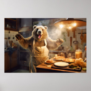 Póster Grizzly Bear Animal Diversión Cocina Happy