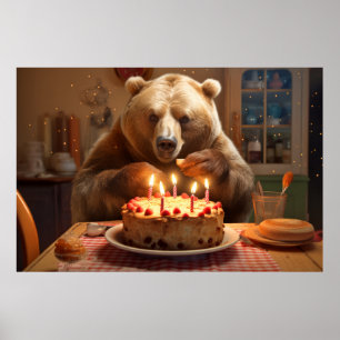 Póster Grizzly Bear Animal Diversión Cocinar Pastel Happy