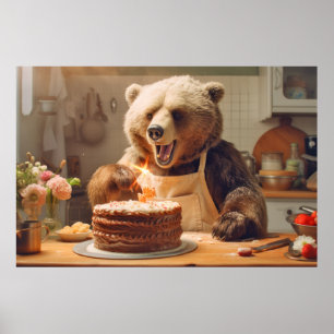 Póster Grizzly Bear Animal Diversión Cocinar Pastel Happy