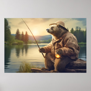 Póster Grizzly Bear Animal Fun Lake Fishing Time
