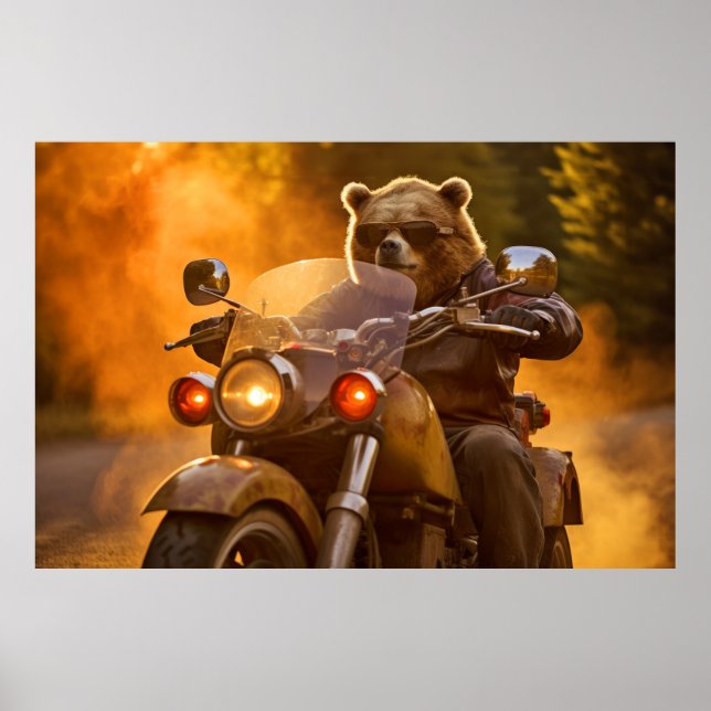 Póster Grizzly Bear Animal Fun Riendo Moto Bike Happy (Frente)