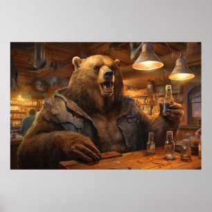 Póster Grizzly Bear Diversión Animal Beber Feliz Tiempo d