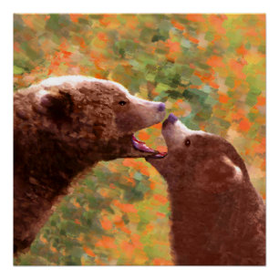 Póster Grizzly Bear Mom and Cub Painting - Wildlife Art