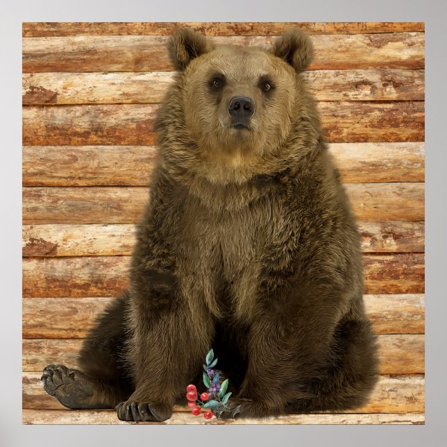 Póster Grizzly Bear Wood Rústico Estilo Cabina (Frente)