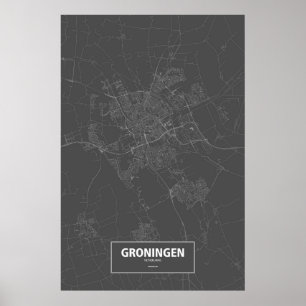 Póster Groningen, Países Bajos (blanco sobre negro)